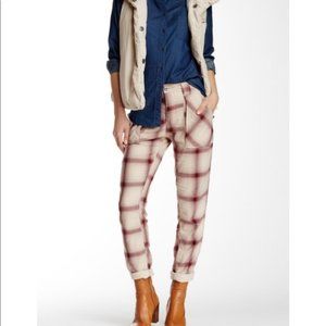 Free People Maroon Plaid Button Fly Utility Cargo Pants Sz 2